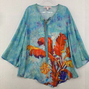 Leoma Lovegrove size XXL Tie Front Tropical Print Flare Sleeve Blouse Vacation